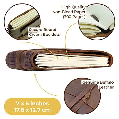 Journal Carnet de notes en cuir, vintage relié en cuir, fait à la main pour lui et pour elle, journal de voyage vintage - Pages Blanches Cahier Carnet de Croquis - avec stylo 18 x 13cm