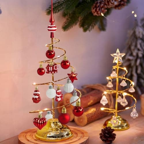 34 Boules de Noël avec Pointe d'arbre Set,Ø3/4.5/5.5cm Petites Boules de Noël en Plastique Rouge Blanc Boules Mini Noël Décoration de Table Sapin de Noël Décoration Ornements