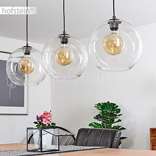 Suspension Minhe en métal noir et verre, lampe pendante vintage idéale dans un salon rétro, hauteur max. 153 cm, pour 3 ampoules E27, ampoule(s) non incluse(s)