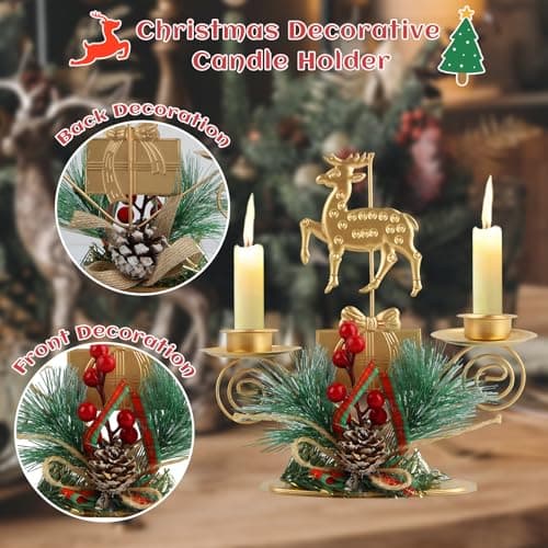 SilverChry Bougeoirs de Noël Bougeoirs Candélabres en Métal Chandelier avec Elk Arbre de Noël, Pommes de Pin et Baies Rouges, Décoration Centre de Table Fête Noël pour Maison,Cheminée,dîner,Avent (ML)