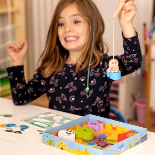 Nene Toys Jeu de Pêche Magnétique en Bois pour Enfants dès 2 Ans - Jouet Magnétique Ludique pour Tout-Petits de 2 3 Ans - Jeu Montessori de Pêche à la Ligne avec Puzzle - Cadeau pour Fille et Garçon