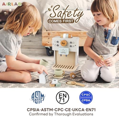 Airlab Cafetière en Bois Bébé, Jouet Jeux de Rôle Éducatif Éveil Montessori, Boulangerie Nourriture Accessoire Dinettes Cuisine, Cadeau Créatif Anniversaire Pâques Halloween Noël Garçon Fille 3+ Ans