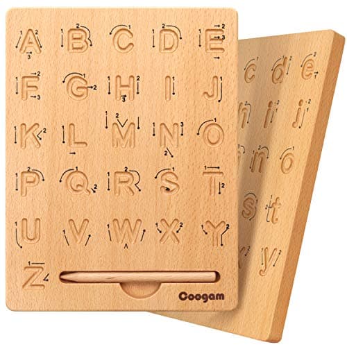 Coogam Planche de traçage de Lettre en Bois Double Face, Alphabet 123 Chiffres Cognition Montessori Apprentissage précoce STEM préscolaire Jouet Cadeau pour 3 4 5 Ans Enfants