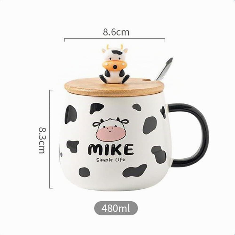 Tasse Vache Mignonne, Petit déJeuner, Café, avec Cuillère et Couvercle, Compagnon Amateur de Lait, pour Café, Boissons, Porridge (B, Céramique, 400ml)