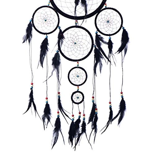 DonDon Taille XXL Attrape-rêves Dreamcatcher avec Perles et Vraies Plumes Noir - Ø 28 cm