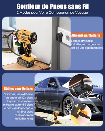 AUTDER Compresseur à Air Portatif, Gonfleur Pneus Voiture, Max 180 PSI/12.4 Bar, Compresseur Voiture sans Fil avec Batterie 21V et 12V DC, pour Voitures, Vélos, Motos, Ballons, Jaune