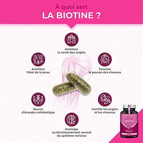 BIOTINE | Sans Excipient | Accélère la Pousse des Cheveux & Ongles | Avec Vitamine B8, Pépins de Courge, Zinc et Sélénium | 120 Gélules Vegan | Fabrication Française | Nutrimea