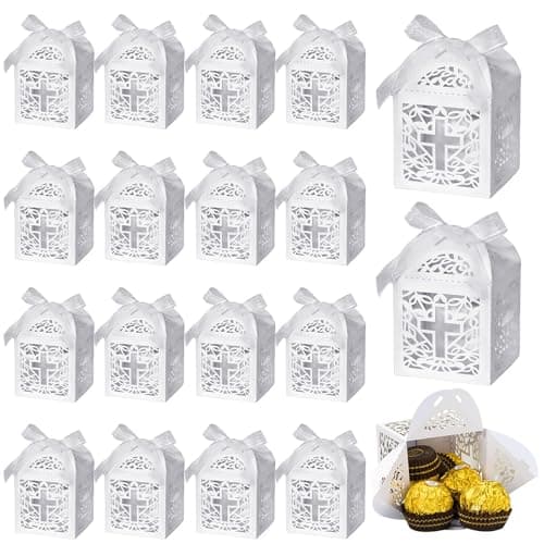 HEKOBAG 50 Pièces Boites à Dragées, Boîte à Bonbon Mariage avec 50 Rubans, Boîte Cadeau Mariage, Petite Boîte Emballage Cadeau pour Mariage, Communion, Baptême, Baby Shower, Noël (5x5x8cm)