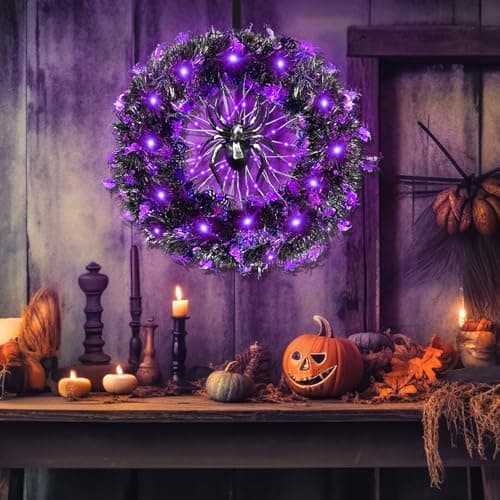 HYOJCWU 35cm Couronne Halloween, Guirlande de Décoration D'araignée d'halloween avec Lumières, Couronne Halloween Porte, Decoration Halloween pour Extérieur, Intérieur, Mur de Porte d'entrée