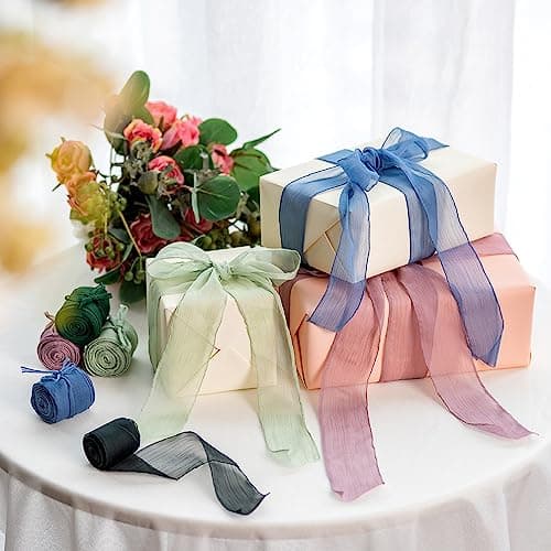 CHUQING Lot de 4 rouleaux de ruban cadeau en mousseline de soie beige 3,8 cm x 4,5 m - Ruban décoratif pour mariage, baptême et anniversaire - Ivoire