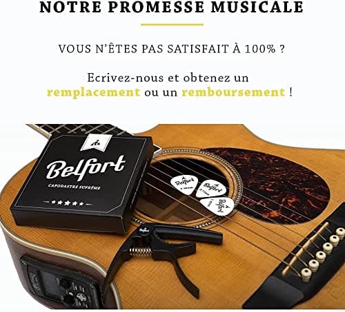 BELFORT® QuickPitch Capodastre original pour guitare + 3 médiators + eBook gratuit ☆ Facile à utiliser ☆ Capo pour guitare – Guitare folk, guitare acoustique, guitare de concert, guitare électrique et