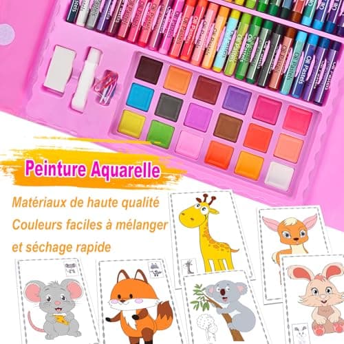 GOLDGE Malette Dessin Enfant Crayon de Couleurs, 230+ ièces Coloriage Kit Dessin, Cadeau Fille 3 4 5 6 7 8 9 10 ans, Jouet Fille 3-10 ans avec Pastels à L'Huile, Crayons De Couleur, Stylos Aquarelle