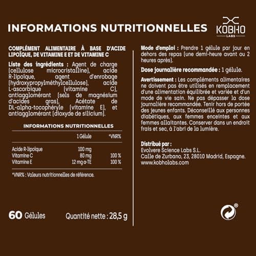 Acide Alpha-Lipoïque (R-ALA) | Soutien Antioxydant avec Vitamines C et E | Aide à la Gestion du Poids | Aide à réduire le stress oxydatif