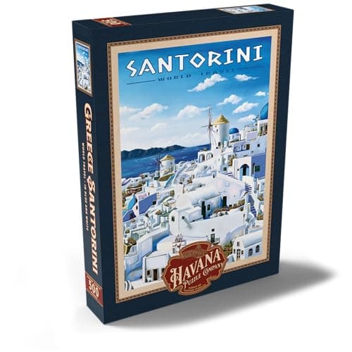 MyPuzzle Greece Santorini - in Blue and White, Vintage Travel Poster - Premium 500 Pièces Puzzle - Collection spéciale MyPuzzle de Havana Puzzle Company