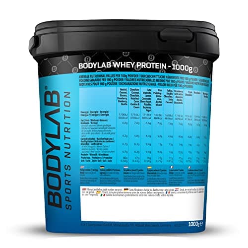 Bodylab24 Whey Protein Powder Noix de coco 1kg, pour des muscles plus forts, protéine de lactosérum peut favoriser la construction musculaire, avec 80% de protéines, sans aspartame