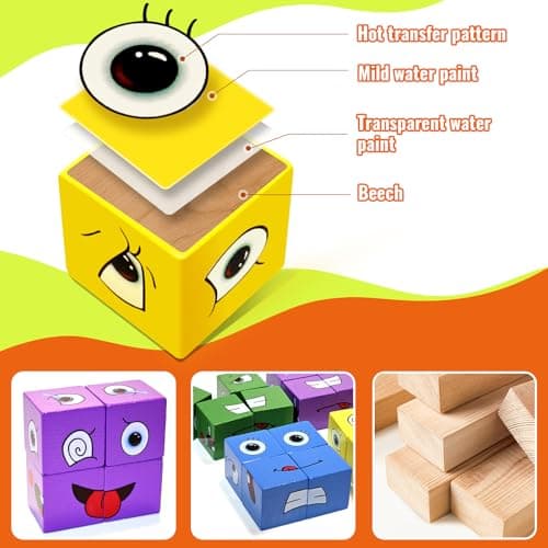 Jeux Montessori Enfant Interactif Emoji Bloc, Puzzle de Blocs D'expressions en Bois, Blocs Cube de Construction Changeants de Visage, Jouets Montessori Cadeau pour Enfants