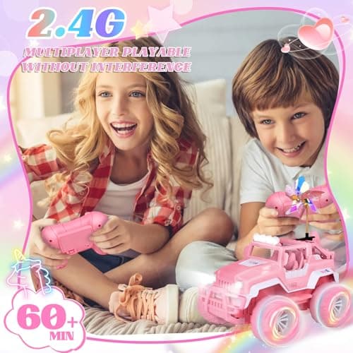Ulikey RC Voiture Telecommandé, Voiture Télécommandée Fille, Jeep Rose 1:16 avec Lumières LED, Camion SUV Tout-Terrain 2,4 GHz, avec Moulin à Vent, Cadeaux Jouets Anniversaire pour Fille 4-12 Ans