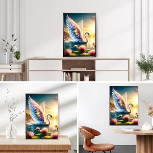QINRUBB 5D Cygne Peinture Diamant Painting Kit, DIY Lotus Art du Diamant Complet Kits, Coucher de Soleil Diamond Art Strass Point de Croix Painting pour Adultes Débutants Maison Décor 30X40cm