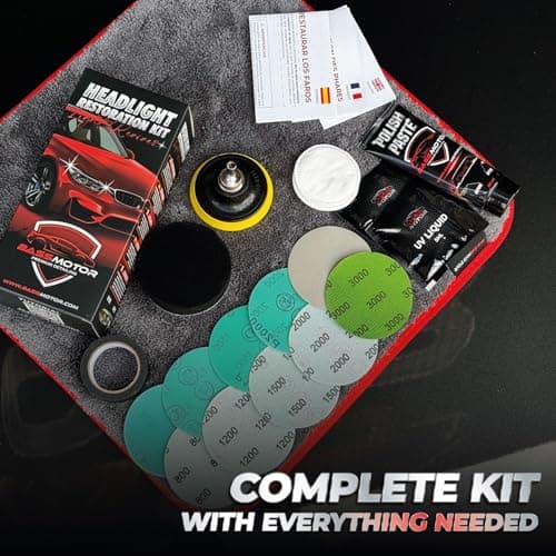 BassMotor Kit Complet pour polir les phares ternes et usés pour la restauration de voiture - Ensemble pour nettoyer et poncer pour le contrôle technique et améliorer la visibilité et la sécurité