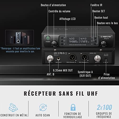 Phenyx Pro Système de Microphones sans Fil UHF, Auto-Scan avec 2x100 Fréquences, 2 Bodypacks & Casque/Micro lavalier sans Fil pour Parler, Chanter, église, DJ (PTU-71-2B)