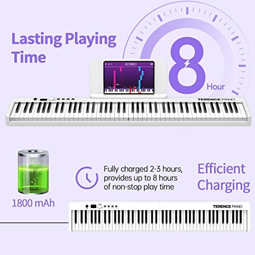 TERENCE Pliable Piano Numérique avec 88 Touches semi-lestées et Batterie de 1800mAh et interface USB MIDI support de partitions Bluetooth Sacs pour Clavier Câble audio Casque Pédale de sustain Blanc