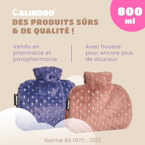 CALINDOO - Chauffe-Mains - Bouillotte Eau Chaude En Caoutchouc Naturel Avec Sa Housse Bleu Brillant - Conçue Dans Un Moule Unique CALINDOO - Bouchon Hermétique - Efficacité Longue Durée - 800 mL