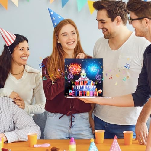 Carte d'Anniversaire avec Musique & Lumières, Blowable Carte Pop Up Anniversaire, Carte Anniversaire 3D Feux d'Artifice, Carte d'anniversaire avec Enveloppe pour Famille Amis