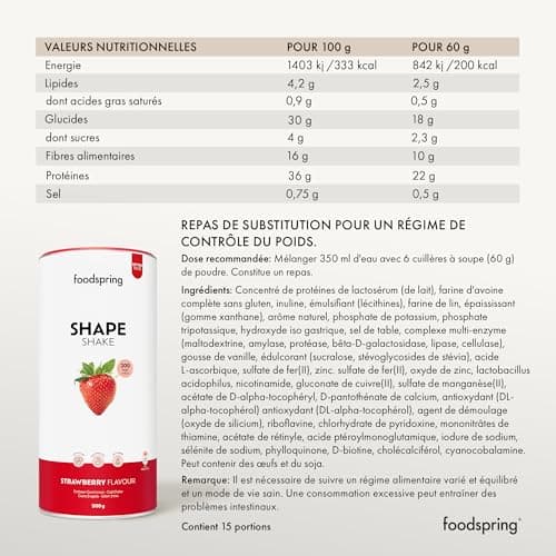 foodspring Shape Shake Fraise - Substitut de repas complet pour le contrôle du poids avec des protéines de qualité supérieure, 202 kcal par portion, sans gluten - nouvelle recette (900g)