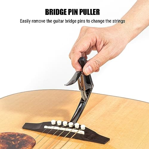 Linrax C3 Capodastre Guitare, Capo de Guitare 4 en 1 avec Extracteur de Goupille de Chevalet, Capo pour Guitare Basse Ukulélé Banjo Mandoline, 3 Têtes de Silicone, Accessoires de Guitare, Chrome Noir