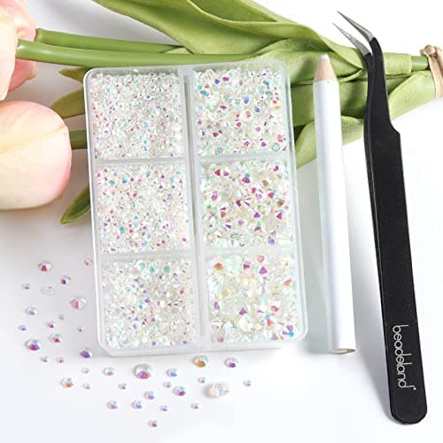Beadsland Lot de 4300 strass ronds à dos plat pour bricolage - 6 tailles - Avec pincettes et crayons de cire - SS6-SS20 - Transparent AB