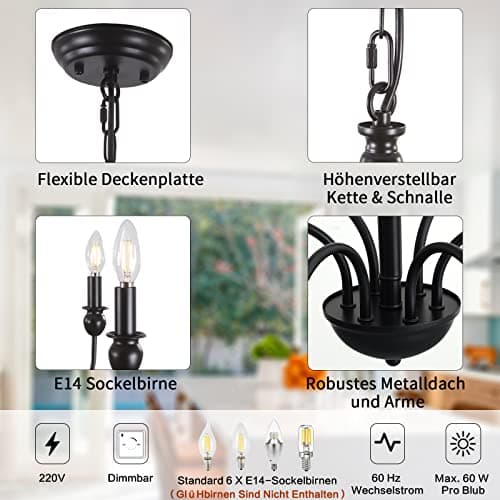 MRHYSWD 6 LumièRes De Lustre Noir, Lustre Salon Lustre Chambre Salle A Manger Cuisine Paille Couloir Entree, Lustre Suspension Industriel Vintage, RéGlable En Hauteur, Sans Ampoules