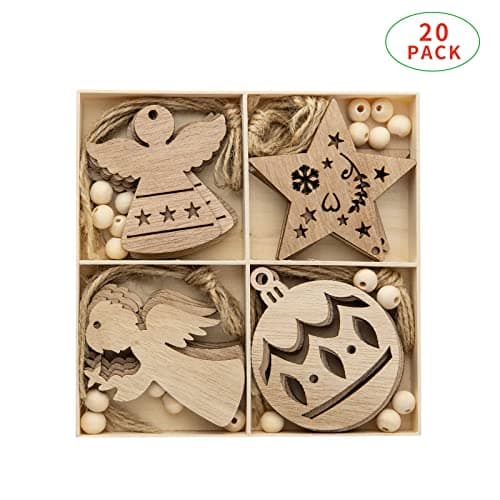 TAIYOU 20pcs Decoration Sapin Noel en Bois Bois Arbre de Noël Ornements DIY Décorations de Noël en Bois Décorations Noël Sapin Accessoires pour Étiquette Cadeau Décoration Noël Maison 4 Modèles