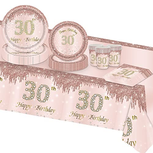 TOPWAYS Rose Assiette Jetable Decoration Anniversaire 30 ans Vaisselle Lot, Papier Assiette Jetable Gobelet Serviette Nappe pour Deco Anniversaire Fille Femme 16 Invités