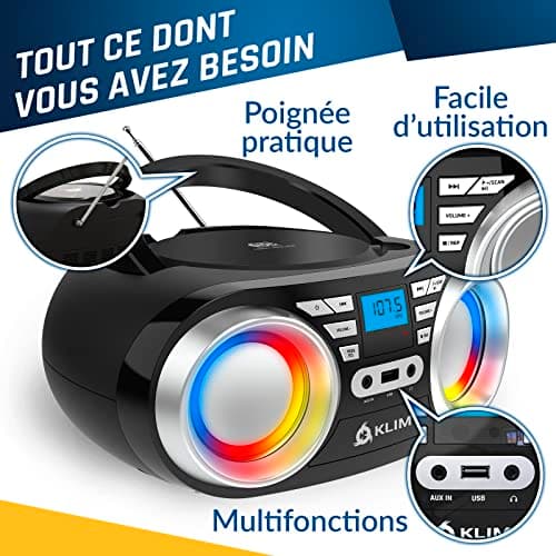 KLIM Boombox B3 - Poste Radio CD Portable - Nouveauté 2024 - Radio FM, CD, Bluetooth, USB, MP3 - CD Boombox - Mode Filaire et sans Fil avec Piles Rechargeables - Lentille Laser - Lecteur CD Portable