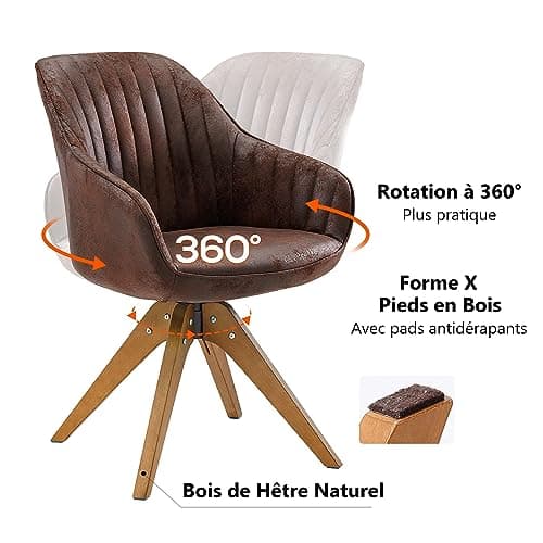 Zouron Chaise de Salle à Manger avec Pieds en Bois (Velours),Chaise pivotante, Chaise de Cuisine, Chaise de Salon avec accoudoirs, Chaise de Bureau à Domicile, Marron foncé