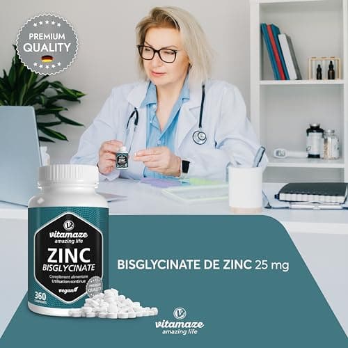 Zinc Bisglycinate 25 mg - Acné, Peau et Système immunitaire - 360 Comprimés pour 1 An - Vegan et Hautement Biodisponible - Complément Alimentaire Vegan Sans Additifs - fabriqué en Allemagne