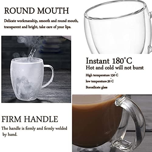Lot de 4 Tasses à café en verre à double paroi avec manches, tasses isothermes légères, résistant à la chaleur pour cappuccino, latte, thé, (4 pièces, 350 ml)