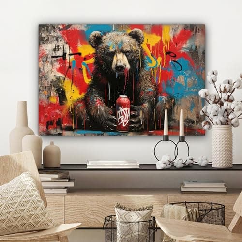 MuchoWow© Impression sur Toile Decoration Murale Peinture 60x40 cm Tableaux Decoratifs Muraux Déco Chambre Tableau Salon Graffiti - Ours - Bouteille - Mur - Street art - Banksy