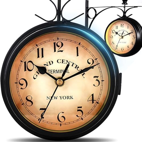 Retoo Horloge de gare double face - Résistante aux intempéries - Horloge murale rétro double face - Noir - Fer rétro - Horloge murale décorative avec support - Horloge d'extérieur vintage