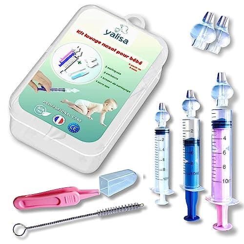 Kit complet de soin nasal - Seringue nasale bebe - mouche bebe - 3x seringues + 5x embouts en silicone + cure-nez + brosse de nettoyage - mouche bebe manuel - seringue mouche bebe - pipette nez bébé
