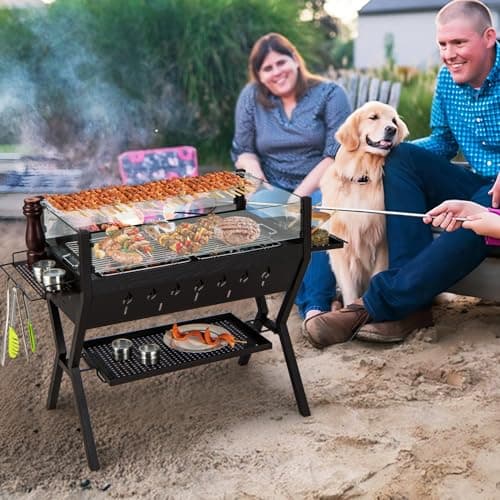 GOPLUS Barbecue à Charbon de Bois avec Verre Coupe-vent, Grille à Griller, BBQ Grill avec Supports d'Assaisonnement et Étagère de Rangement pour Pique-Nique, Jardin, Camping, 98 x 42 x 68 cm