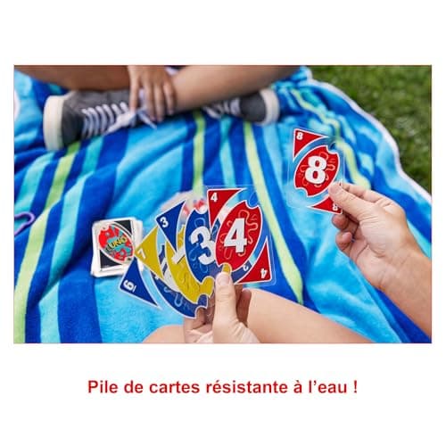 UNO Sport, Jeu de 108 Cartes en Plastiques imperméables avec Un Mousqueton pour Transport Facile, Jeu de Société, Jeu de Bain, 2 à 10 Joueurs -Individuellement ou par équipes, Dès 7 Ans, P1703