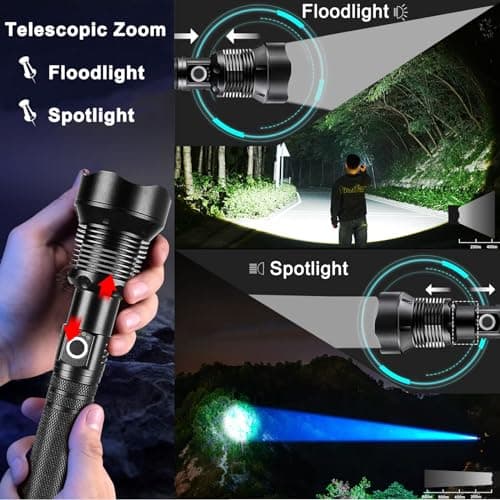 Lampe Torche LED Ultra Puissante,90000 Lumens Lampe de Poche Rechargeable USB Type-C, XHP70 Ajustable Zoomable Étanche Torche D'éclairage pour Camping Randonnée,et Urgences(avec batterie de 10000 mAh)