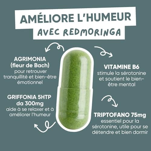 Griffonia 300mg 5-HTP Tryptophane | Avec Agrimony fleur de bach stress anxiété, Vit B6, Moringa BIO | Unique en France | Complément stress anxiété angoisse, BienÊtre Mental | RedMoringa 60 Gélules