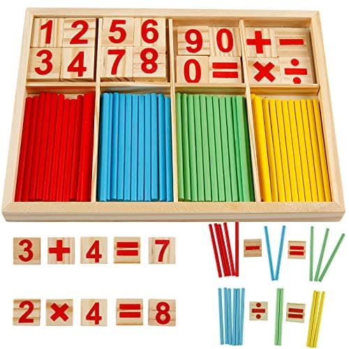Victse Jouet Montessori Mathématiques, Blocs et Bâtons de Comptage en Bois, Jeu Numérique Bâtons Bois avec Blocs et Bâtons Comptage, Jouet éducatif Montessori 3 Ans et +