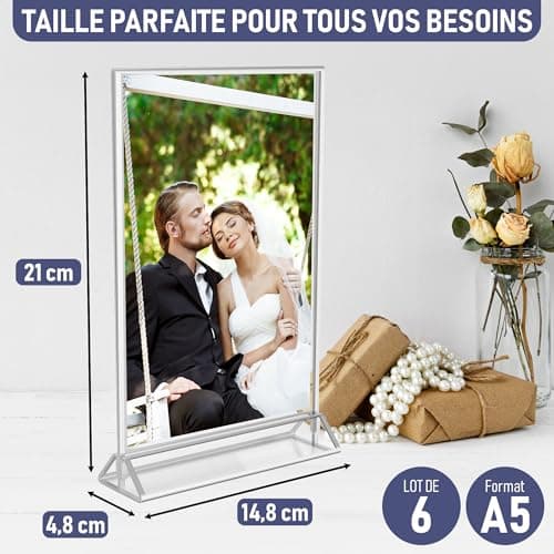 Dasher Products Cadres Photos Argent Double Face A5 - Pack de 6 - Porte-numéros de table argent en acrylique, chevalets de table transparents pour affiche, porte-menus, cadres photos ...