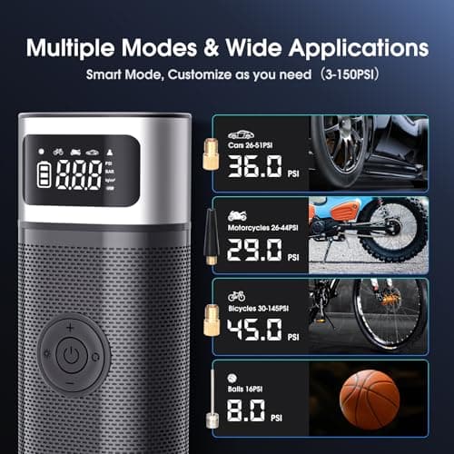 OneAmg Gonfleur Pneus Voiture, Pompe à Air Électronique Portable 12V 5200mAh/150PSI, Compresseur à Air Portatif avec Affichage Numérique et Lumières d'urgence pour Voitures, Motos, Vélos, Ballons
