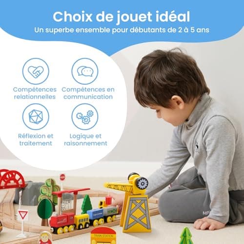 Tiny Land 55 Pcs Circuit Train en Bois, Train Enfant with Grue, Train et Piste Compatible avec Brio Compatible avec Thomas et Grandes Marques Mainstream, Train Jouet pour Enfants 2~5 Ans