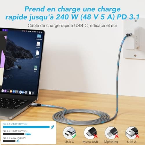 ULT-WIIQ 240W PD 3.1 Câble USB C vers USB C 3.2 Gen 2x2 Charge Rapide 20Gbps Haute Vitesse Transfert de Données 4K@60Hz Vidéo Nylon Tressé Câble USB C pour iPhone 15 Pro MacBook Samsung 2M
