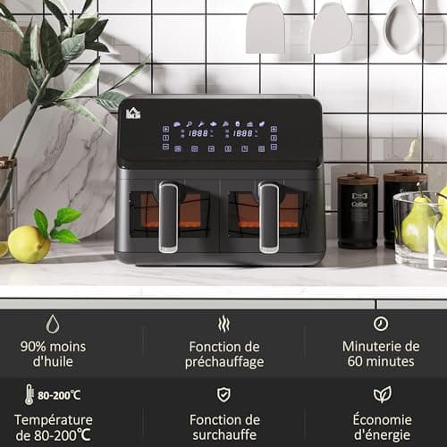 HOMCOM Friteuse à air sans huile air fryer double compartiment 8 L - 2500 W - 8 programmes, écran LED, température réglable, minuterie - noir